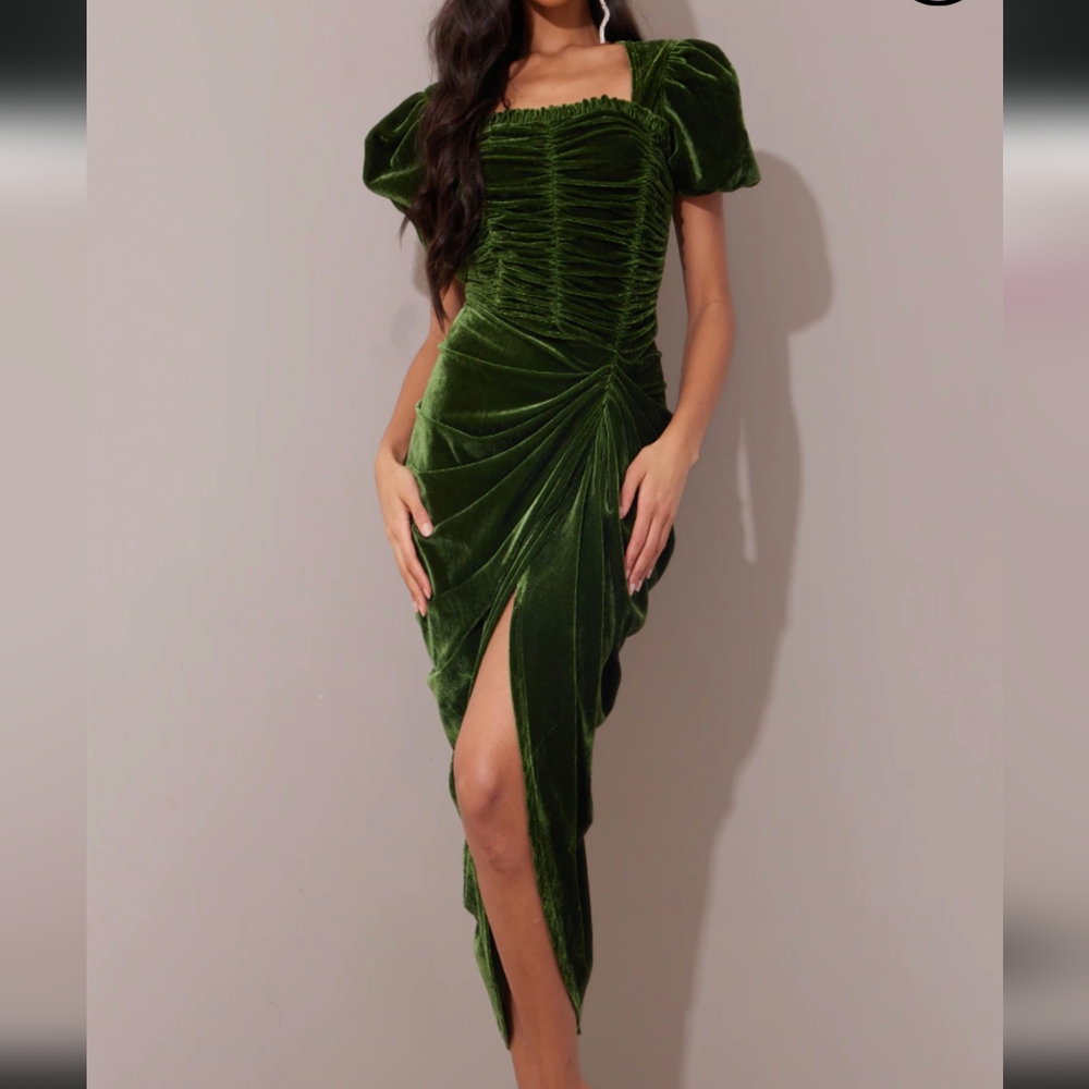 PLT Olive Deep Green Ruched Bodice Puff Sleeve Velvet Midi Dress US 4 💚💚💚 - Picture 4 of 5